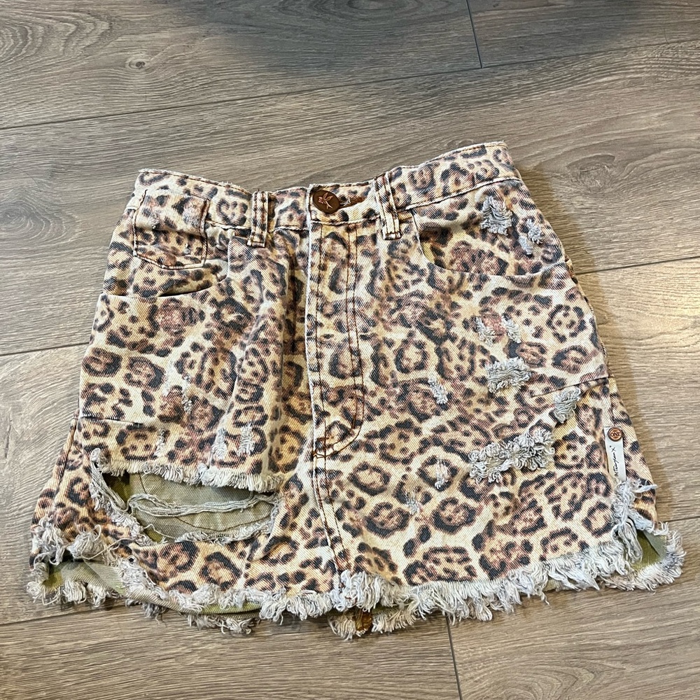 Leopard Print Distressed Denim Skirt one teaspoon